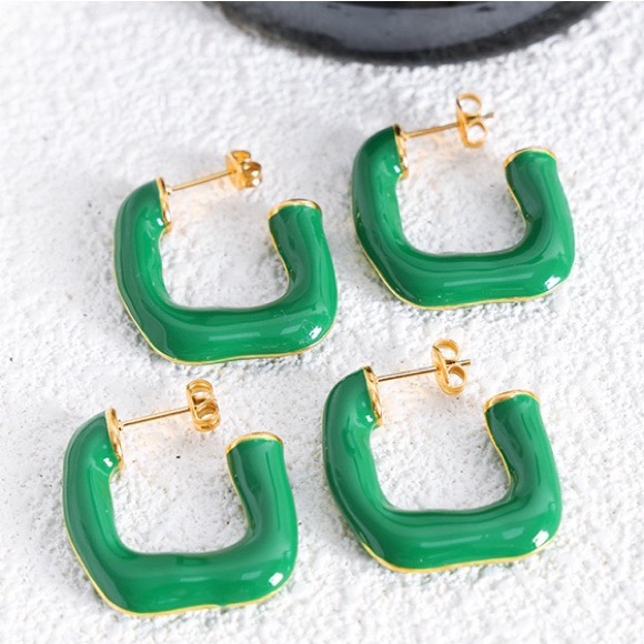 18K Gold Plated Square Hoop Earrings*Green Enamel Festival*Christmas*Halloween*M - Picture 3 of 5
